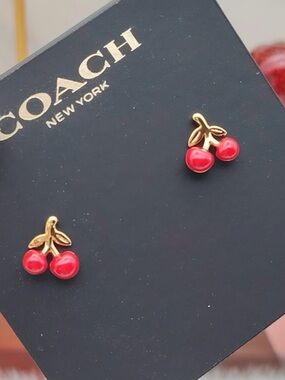 COACH Red Enamel Vintage Charms Cherry Stud Earrings